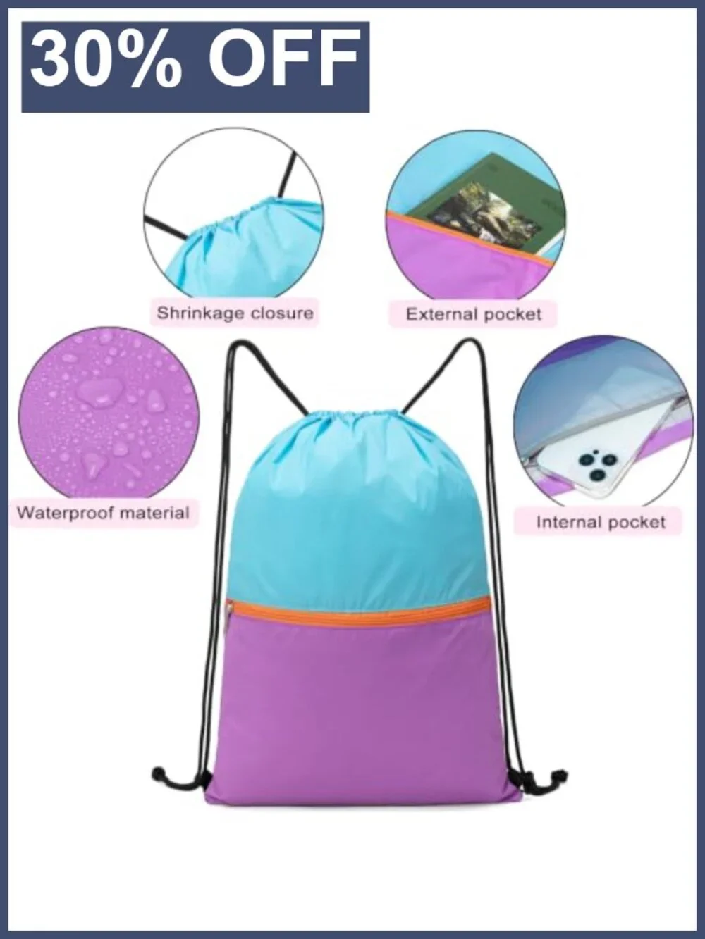 Drawstring Backpack Bag, Sports Sackpack, Nylon, Quick-Dry, 2 Pockets